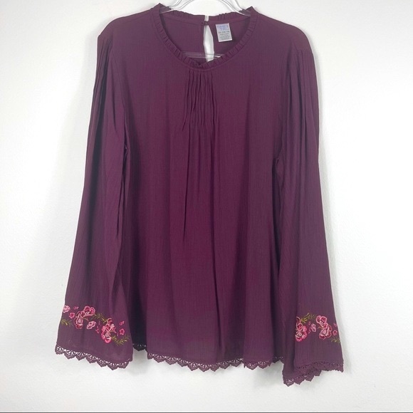 Time and Tru Tops - Time and Tru Burgundy  / Wine Embroidered Boho Blouse - XL